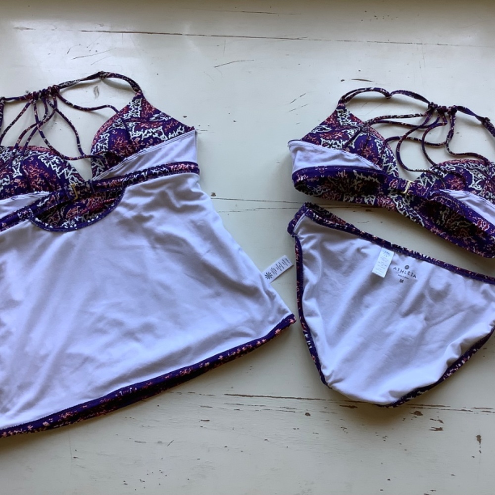 3 pIece ATHLETA Aqualuxe Paradise Print Molded Tankini bikini top bottoms SZ Med - Picture 6 of 7
